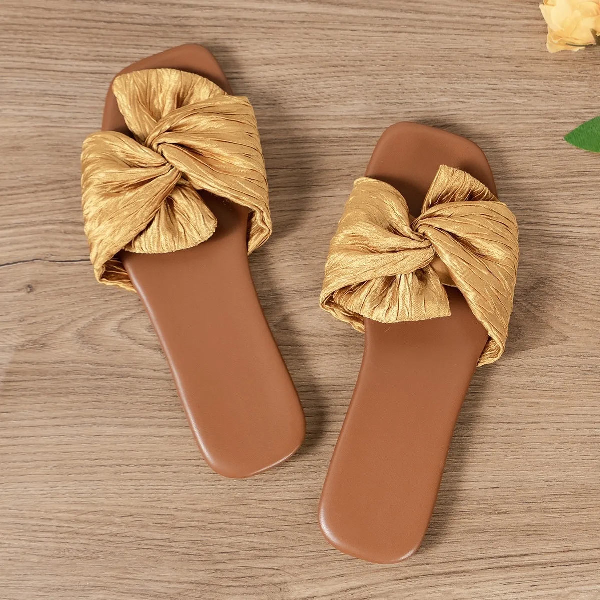 Silk Girls Slippers Square Toe Shoes Women Riband Butterfly-Knot Sandalias De Mujer Verano Flat Bottom Huaraches Beach Leisure