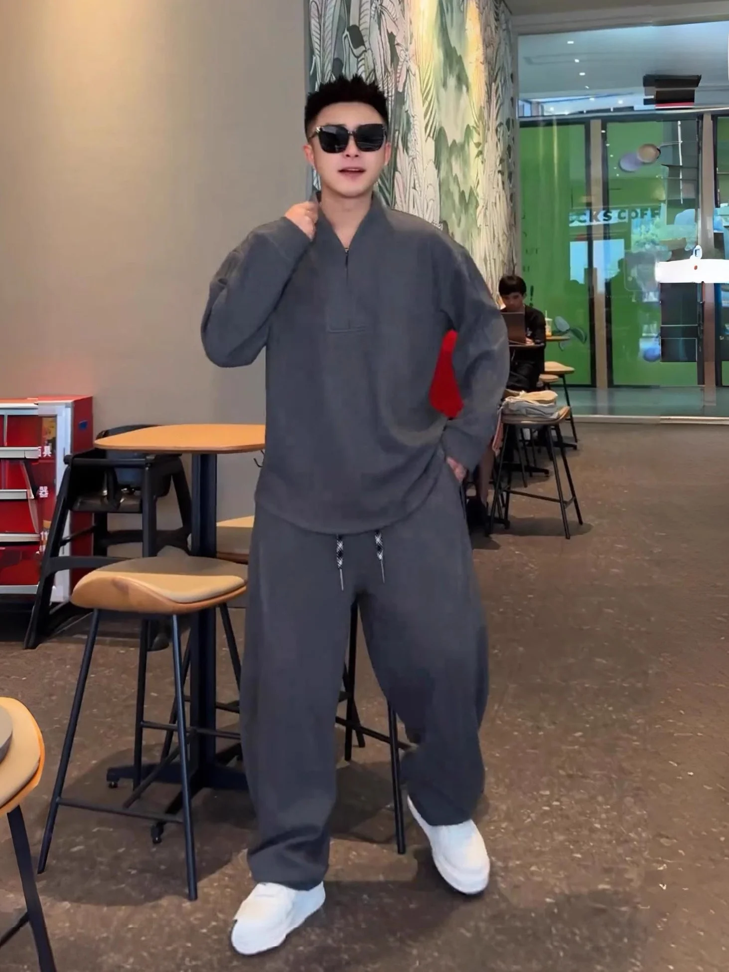 

Loose Fit Men's Spring Autumn V-Ne Hoodie Sweatpants Casual Set f Zipper Cotton Blend Fabric Long Sve Youth Sportswear