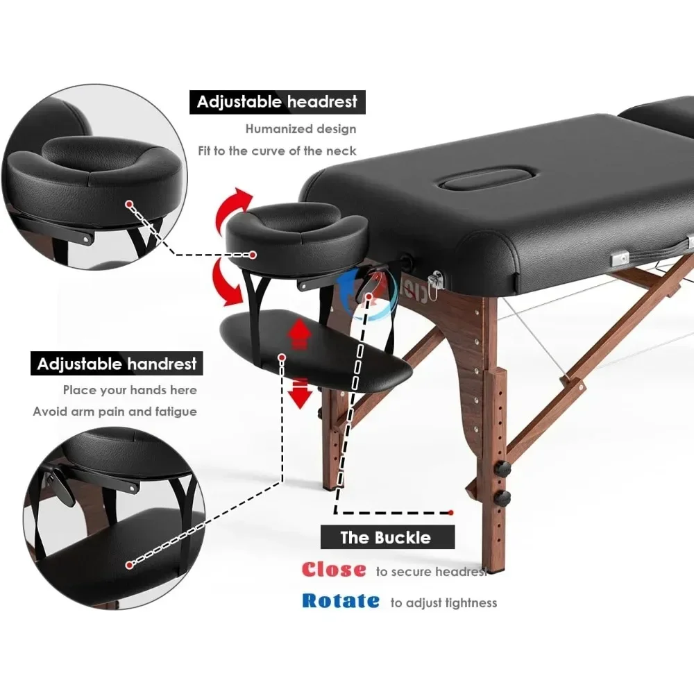 휴대용 전문 마사지 테이블, 3 겹 강화 나무 다리 고정, 최대 1100LBS 프리미엄 스파 살롱 문신 마사지 침대, 84 인치