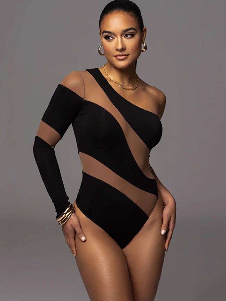 One Shoulder Mesh Bodysuit Sheer Women Party Club Elegant Fashion Streetwear Sexy Slim Skinny Sheath Jumpsuit Top Female Rompers