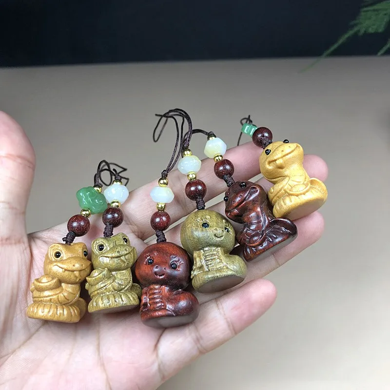 Mini Lovely Lucky Snake Pendant,Green Sandalwood Carving Zodiac Snake Ornament DIY PhoneChain Accessories As a gift for a friend