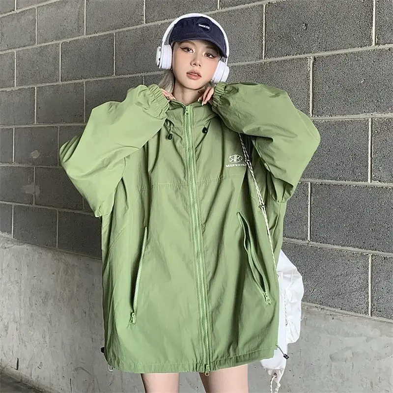 American Style Jacket Women Spring Autumn Preppy Style Windproof Zipper Hooded Trendy Thin Loose Embroidery Green Cargo Coat