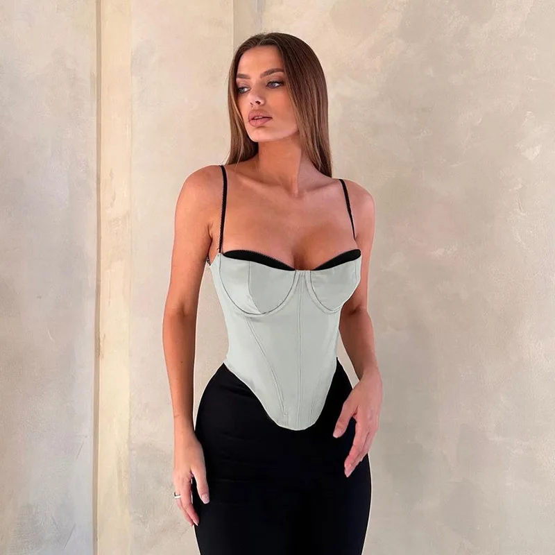 Толстый атласный корсет-бюстье, укороченный топ с подушечками на груди, белый облегающий топ, летние женские топы с рыбьей косточкой