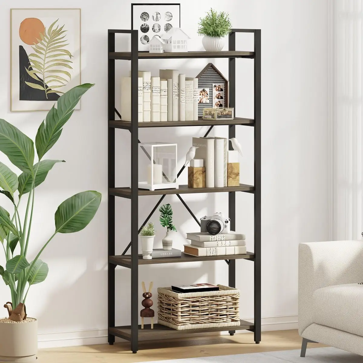 

5 Tier Industrial Bookshelf, Vintage Shelving Unit Wood and Metal Tall Book Shelves