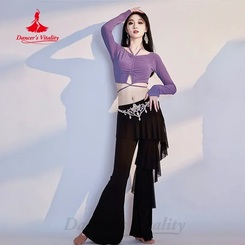 Belly Dancing Costume Set for Women V-neck Long Sleeved Top+slimming Flared Pants 2pcs Adults Oriental Dance Practice Outfit