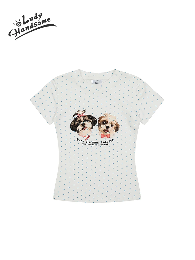 

Модный женский летний топ из смесового хлопка с принтом американских мультяшных собак и узором в горошек, универсальный, с круглым вырезом, без рукавов