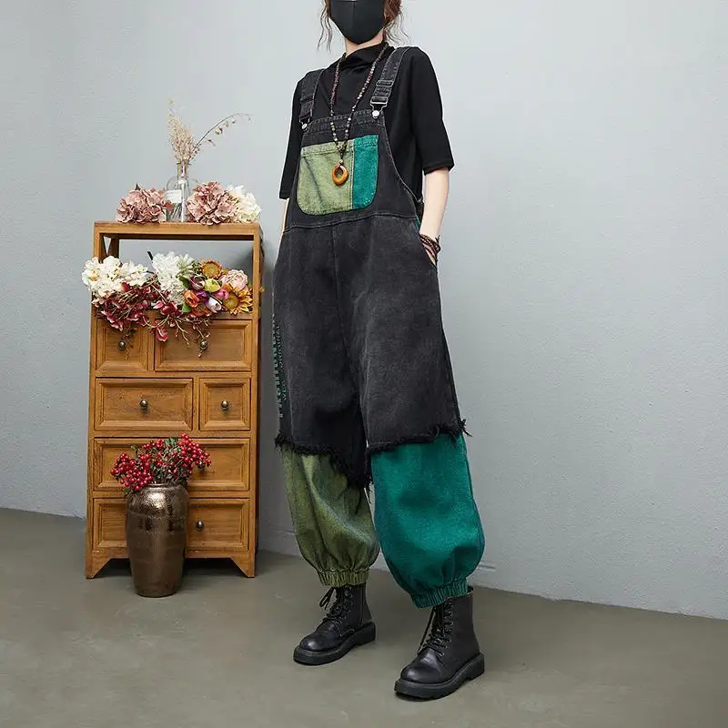 

Винтажный комбинезон весна-лето, новый повседневный свободный комбинезон из денима с пэчворком, женские мешковатые брюки, спортивные штаны, брюки в стиле хип-хоп, Y2K