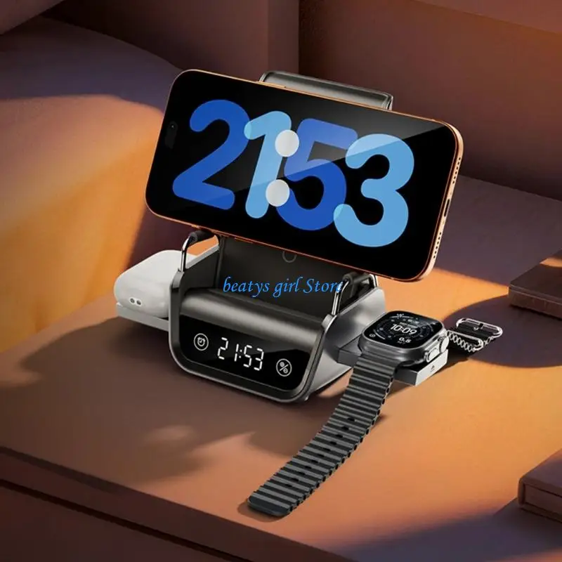 C7AB Wireless with Clock for Phone Watch Ear Buds, 4 in 1 Desk Charging Stand