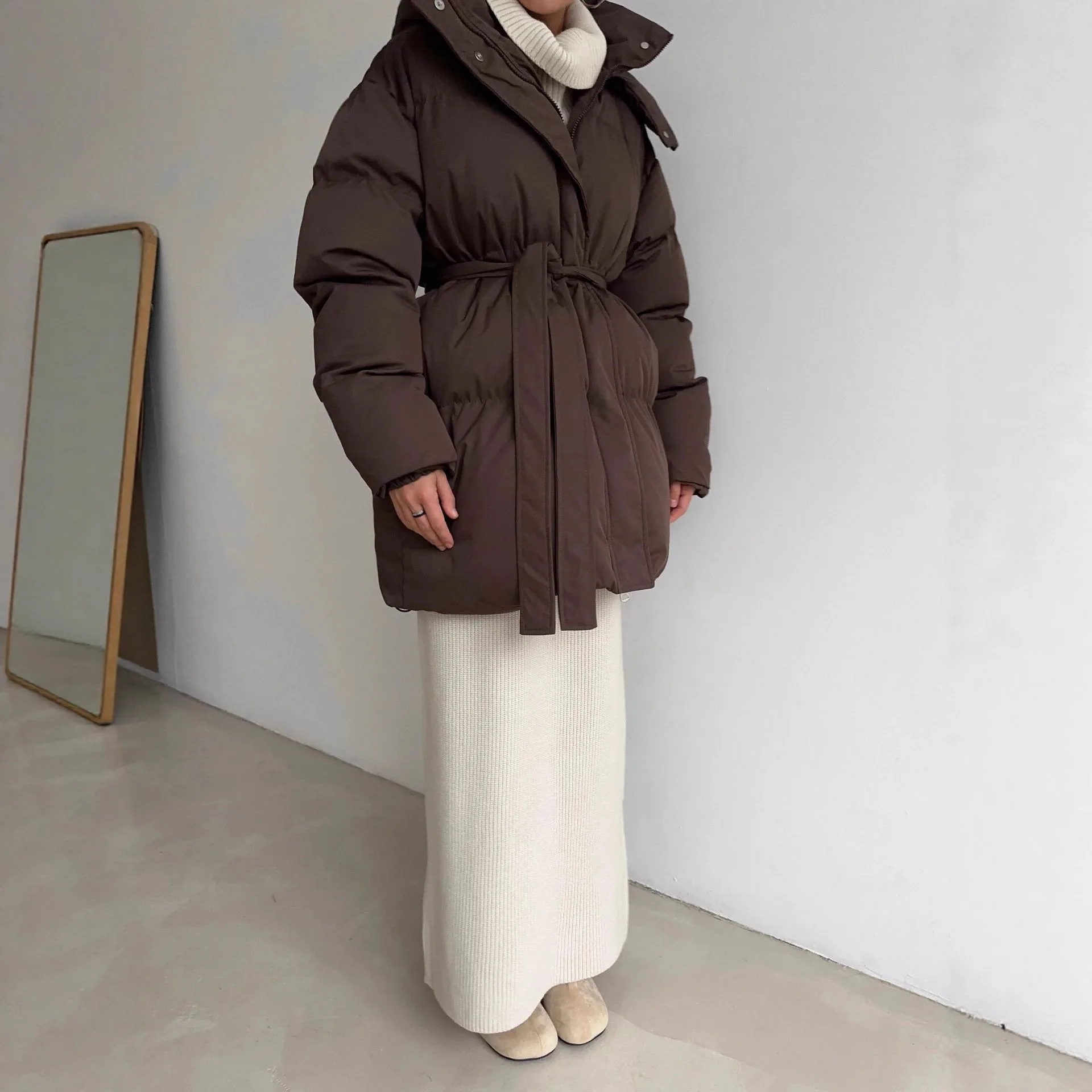 UMI MAO Style Casual Waist-Cinching Slimming Hooded Mid-Length Puffer Jacket For Women Thickened Cotton Coat Brown