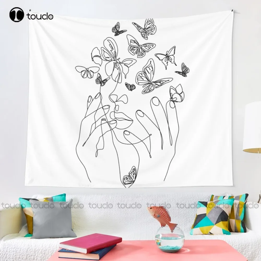 Abstract Face With Butterfly By One Line Drawing. Portrait Minimalistic Style.  Botanical Print. Nature Symbol Of Cosmetics