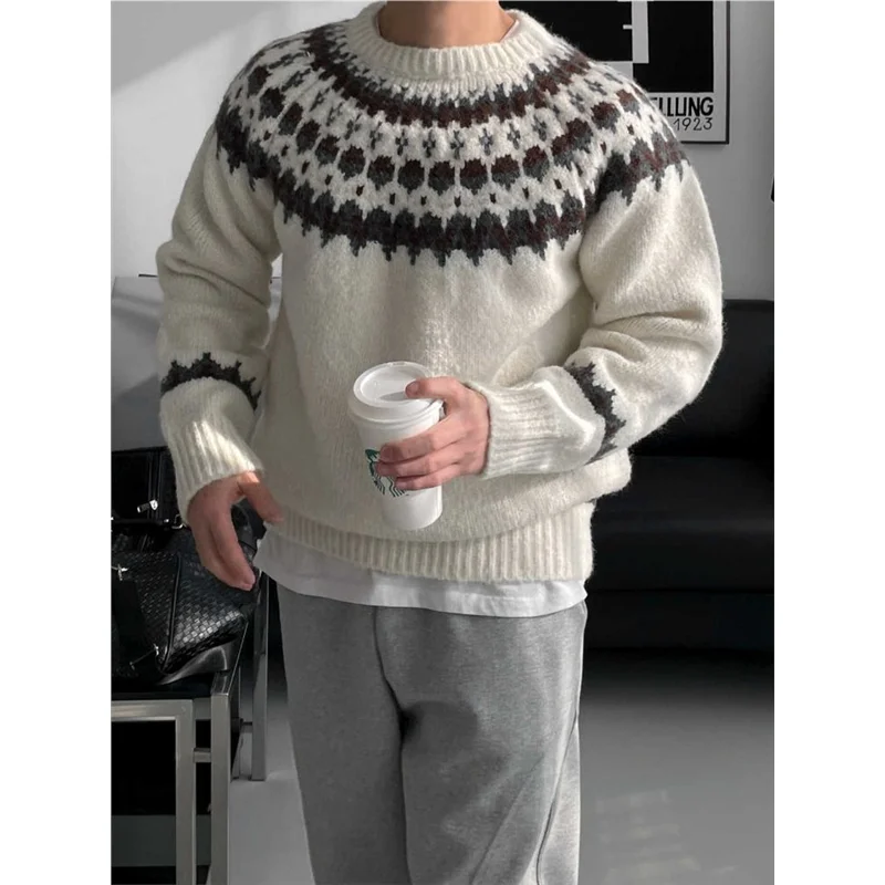 

Мужской вязаный свитер в стиле ретро Fair Isle с круглым вырезом, свободный крой, молодежный, с вышивкой, китайский бренд