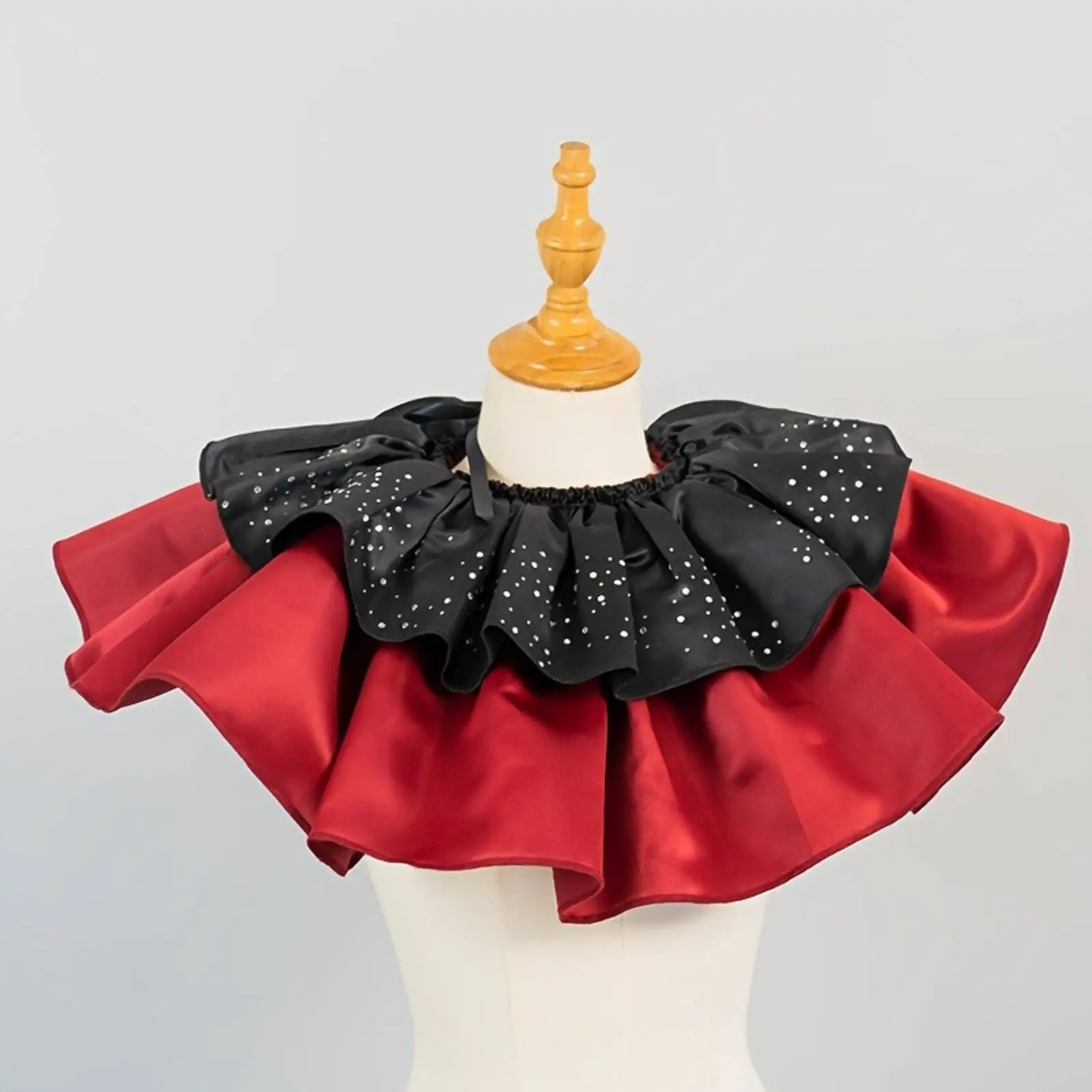 Black and Red Ruffle Collar Detachable Satin Costume Collar Rhinestone Neck Ruffle Adjustable Tie Neckwear Multi-Layered