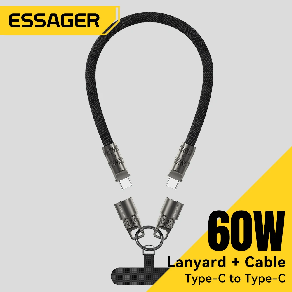 Essager 2 in 1 Type-C C To Type-C Fast Charging Cable Data Cord with Neck Straps Lanyard 60W PD Cable For iPhone Samsung Huawei