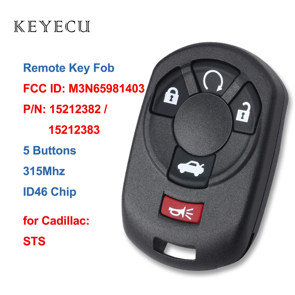 

Keyecu Remote Car Key Fob 5 Buttons 315Mhz ID46 Chip for Cadillac STS 2005 2006 FCC ID: M3N65981403, P/N: 15212382 15212383