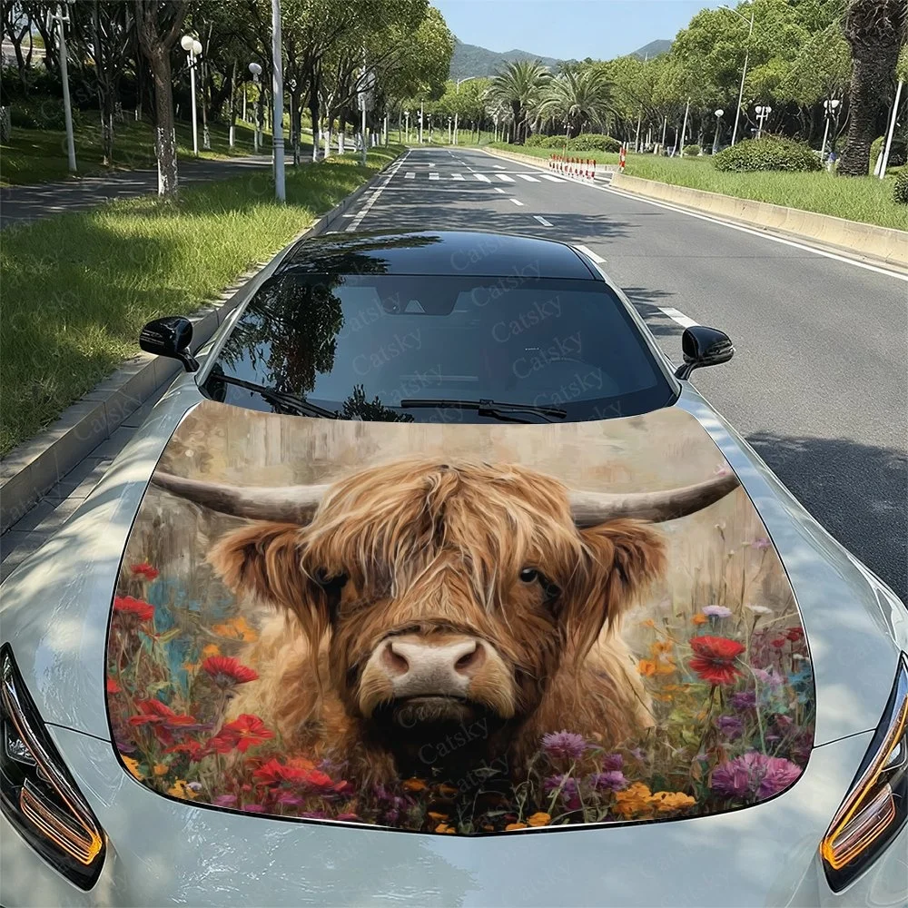 Highland Cow Flower Car Hood Sticker PVC Self Waterproof Stick, Striking Auto Exterior Accessories Decor Protect Gift for Lover