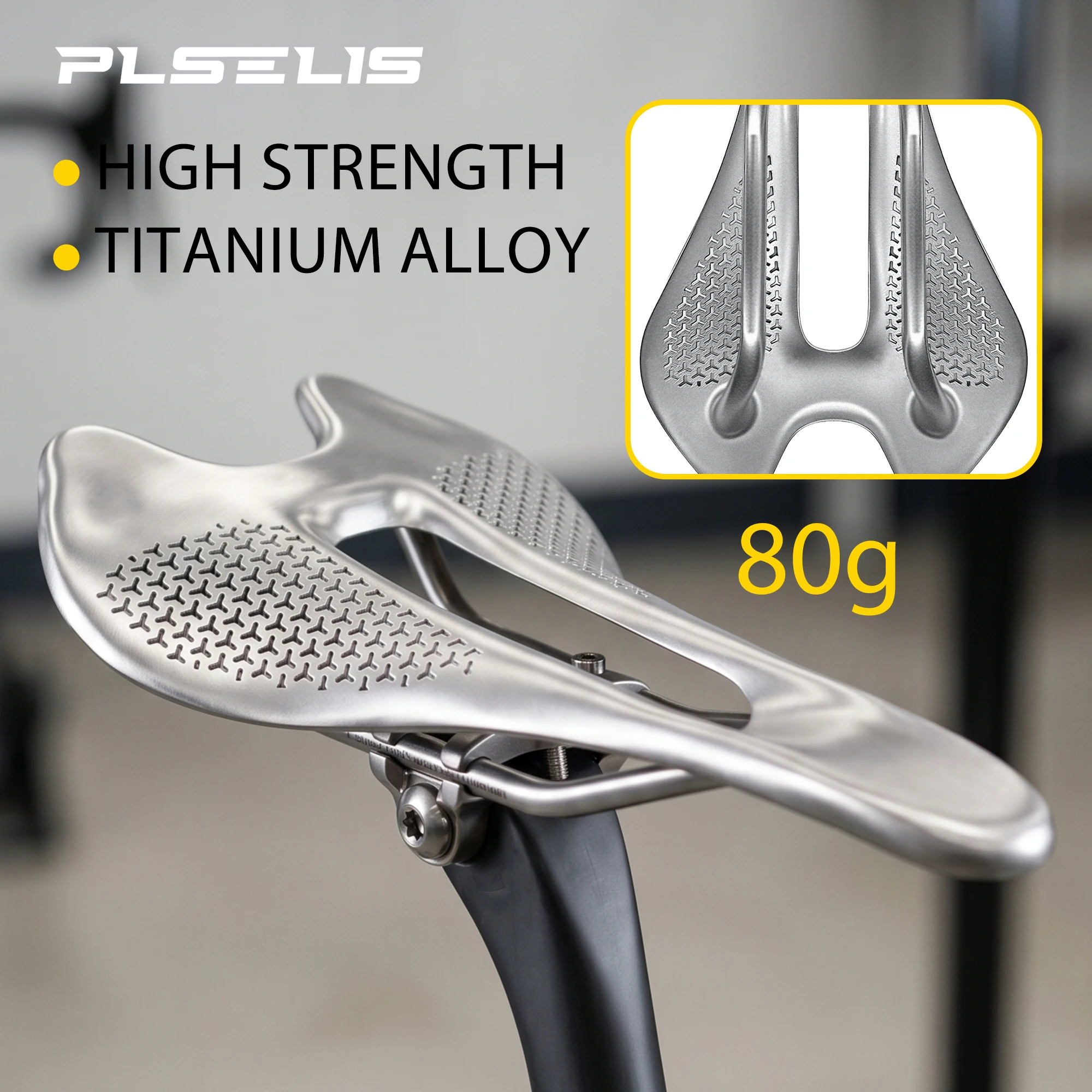 

Plselis Full titanium alloy saddle, high strength saddle, titanium alloy road bicycle saddle, ultra-light 80g, ergonomic design.