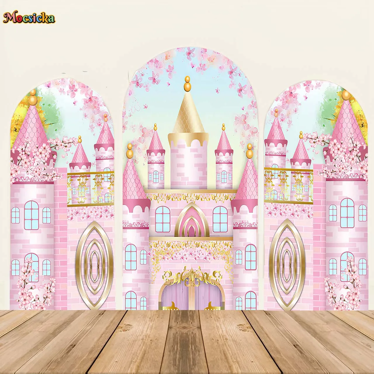 

Mocsicka 2-Sided Arch Backdrop Covers Pink Cartoon Castle Girl 1st Birthday Party Decorations Arched Background Photoshoot Props