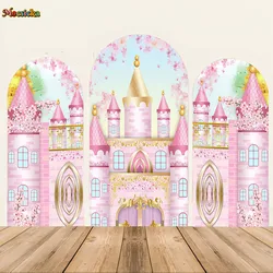 Mocsicka 2-Sided Arch Backdrop Covers Pink Cartoon Castle Girl 1st Birthday Party Decorations Arched Background Photoshoot Props