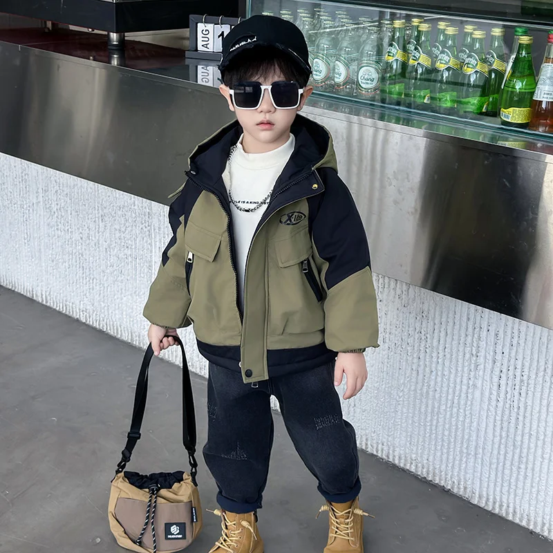 

Boys Fce Lined Cotton Parka Autumn Winter Jaet Children's Faionable Cotton Fill Coat Waterproof Youth ular Stand...