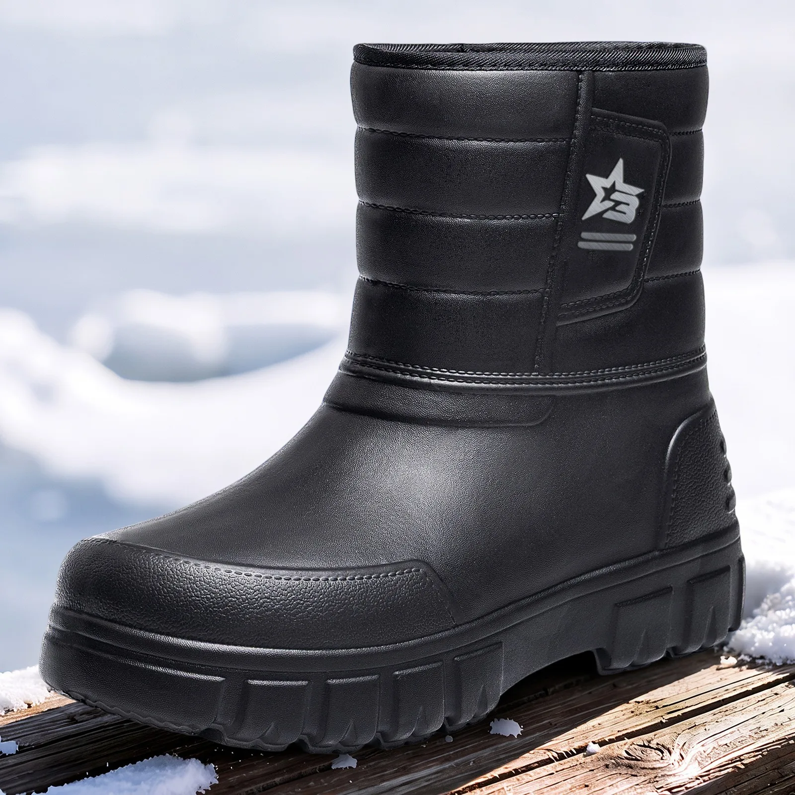 Winter-Herrenschuhe aus Baumwolle mit Fleece, warmem Leder, wasserdichter, dicker Sohle, für Outdoor-Aktivitäten, Angeln, Freizeit, vielseitig einsetzbar, schwarz. – Detail 3
