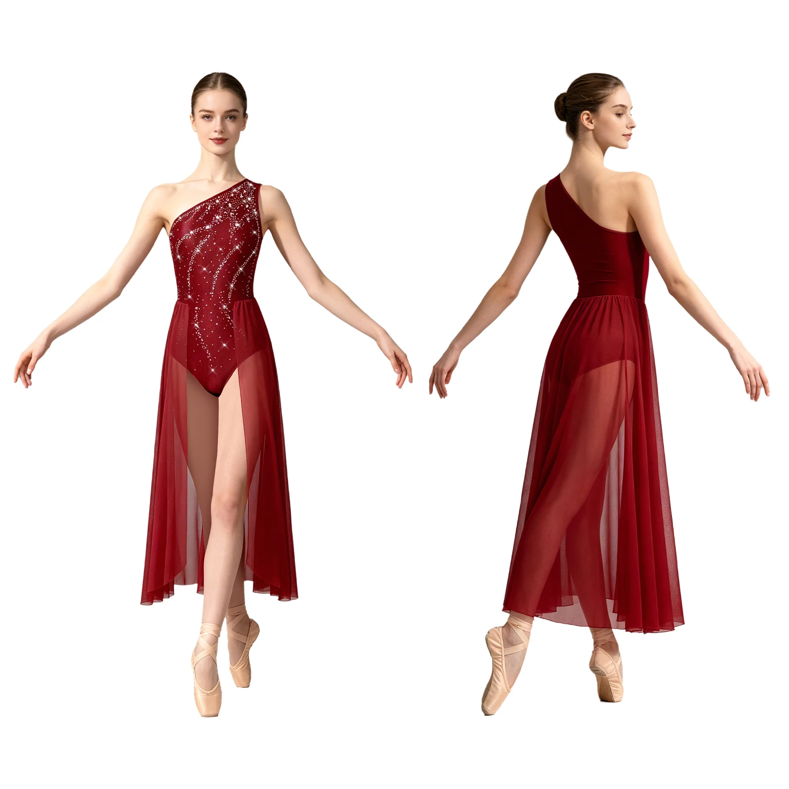 Women Flowy Lyrical Ballroom Dancewear Sleeveless Rhinestone Leotard with Split Mesh Skirt Jumpsuit Figure Skating Dance Costume