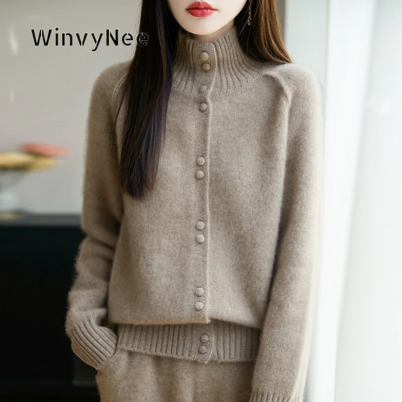 WinvyNee Women Pure Wool Solid Color Stand Collar Cardigan Heavy Weight Warm Windproof Fashion Autumn Winter Outerwear ZB1807010