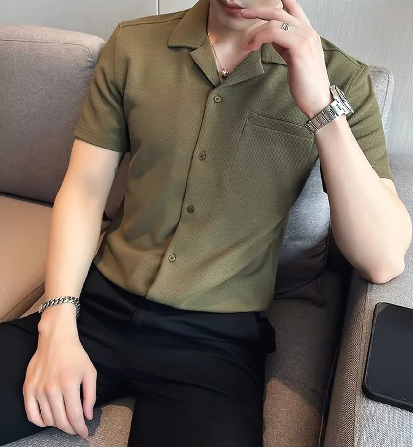 

Мужская рубашка с кубинским воротником и коротким рукавом, в американском стиле, для работы, легкая, дышащая, летняя, модная