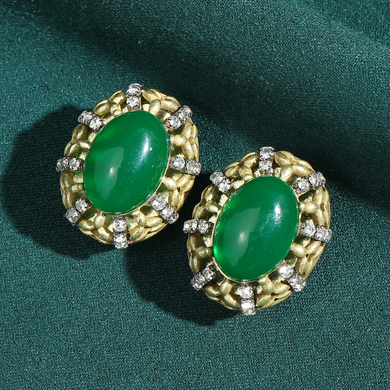 

Oval Egg Shape Stone Vintage Stud Earrings Antique Natural Gold Plated Stones Decoration Female Retro Mother's Day Unique Gifts
