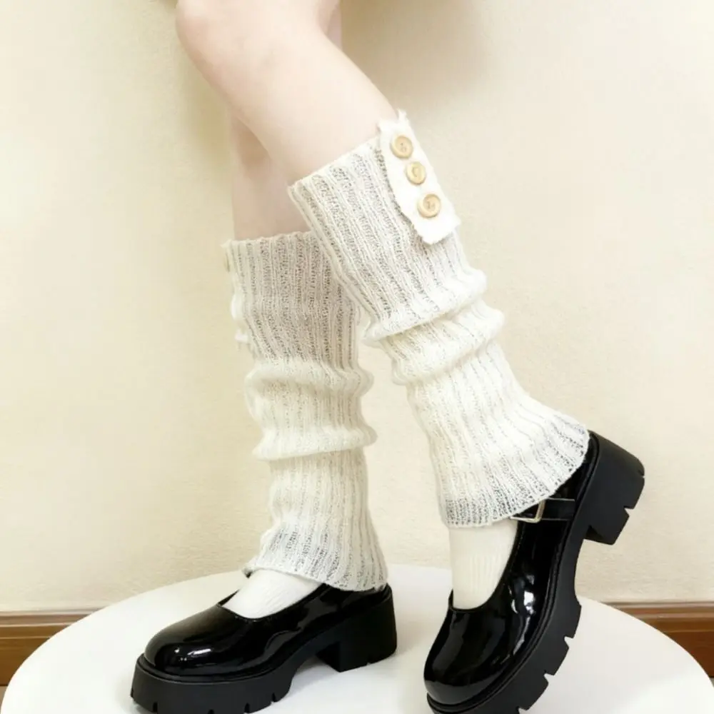 Crochet Lolita Leg Warmers Stretchy Retro Buttons Decoration Long Knitted Socks Fluffy Warm Foot Cover Stretchy Boots Covers