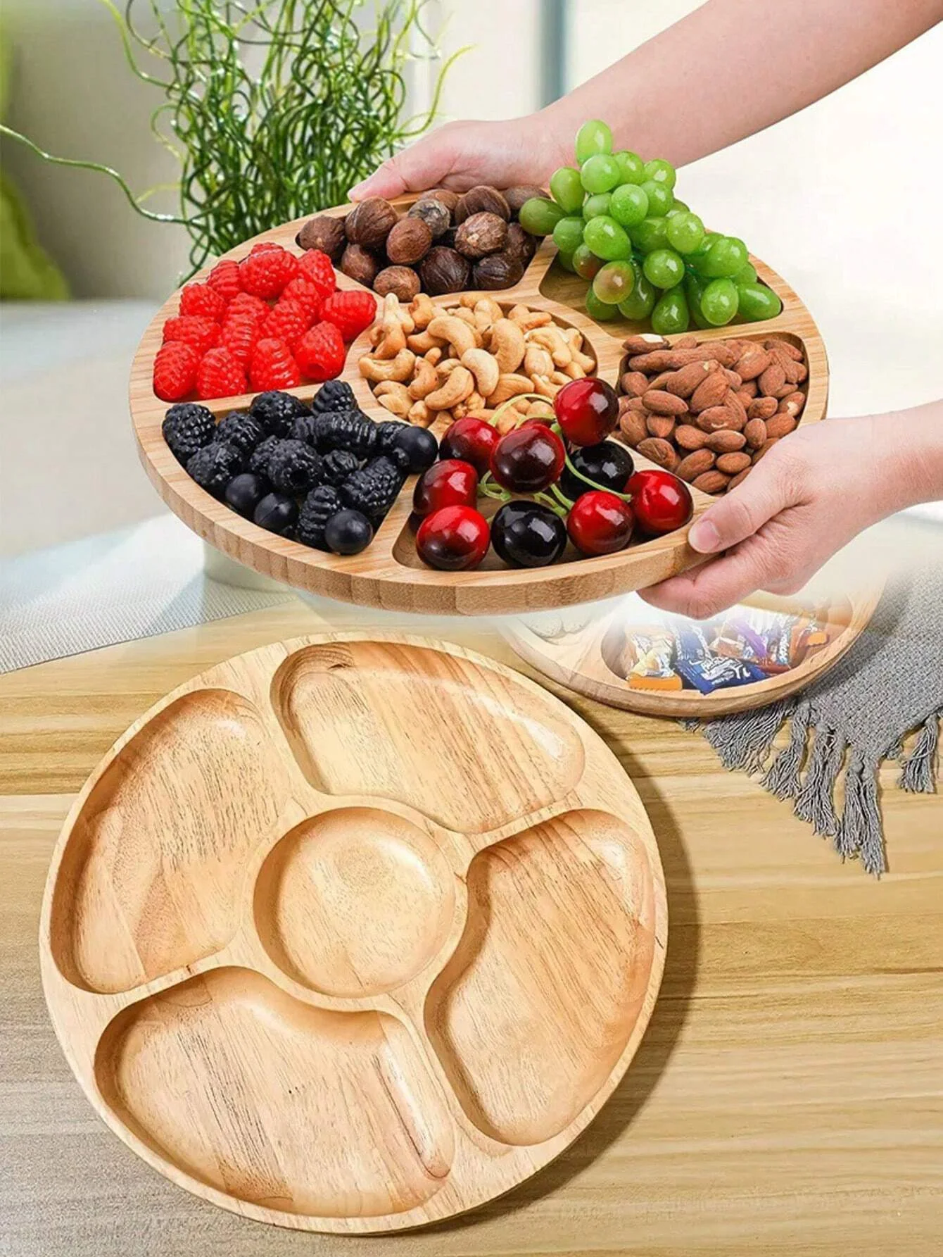 1pc Five-Compartment Round Wooden Tray, Used For Snacks, Dried Fruits, Tea, Suitable For Home, Hotel, Restaurant, Wedding Party,