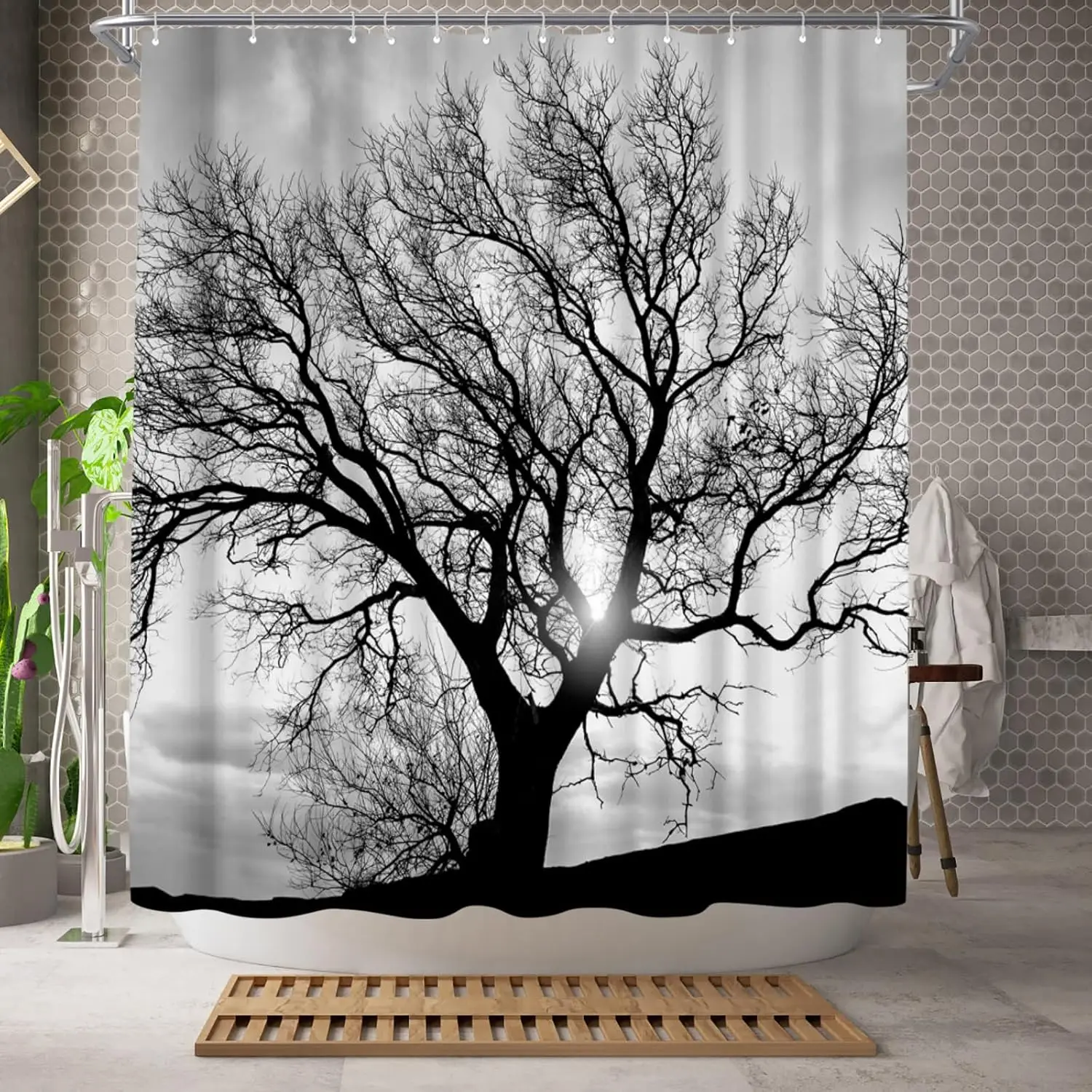 

Black and White Shower Curtain Bathroom Decorative Polyester Fabric Wood Tree Landscape Bathroom Decorative Shower Curtain