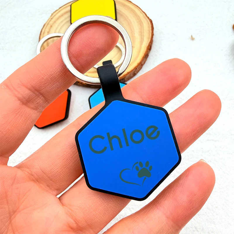 Anti-Lost Hexagon Silicone Dog Tag Blank Engravable Pet Nameplate Keychain Custom Dog Cat Collar Pendant Pet Supplies