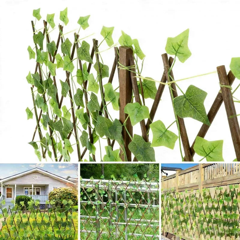 Artificial Ivy Retractable Wooden Fence Trellis Outdoor Patio Privacy Screen Fence Grille Plant Climbing Frame