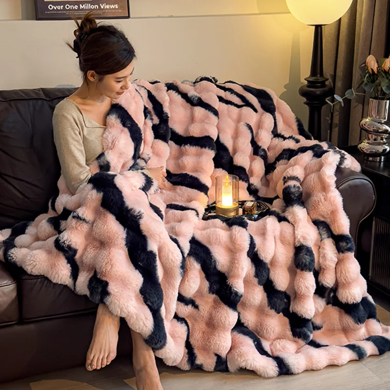 Luxury Tie-Dye Big Bubble Rabbit Fur Blanket & Duvet Cover, 2-in-1 Faux Fur Plush Throw, Ultra Soft Fluffy for Couch Bed Sofa