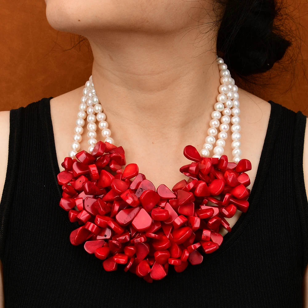 G-G 3 Strands Natural White Keshi Pearl Red Coral Necklace Handmade Women's Exquisite Jewelry
