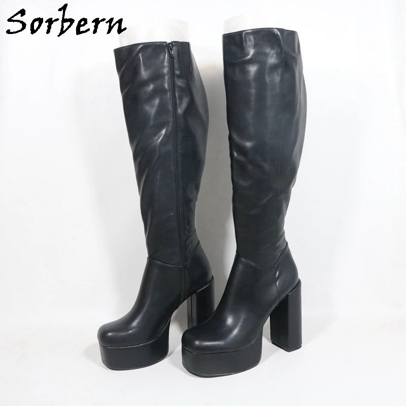 Sorbern Black Matte Knee High Women Boots High Heel Round Toe Platform Shoes Wide Sole Customized Plus Size 47 48