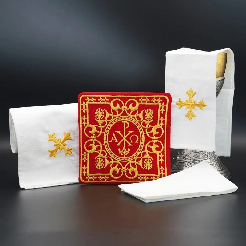 Set Of 4 Altar Linens Nine Fold Cloth Gold Cross Embroidery Catholic Pall Mass Mat Corporal Purificato Towel Church Supplies