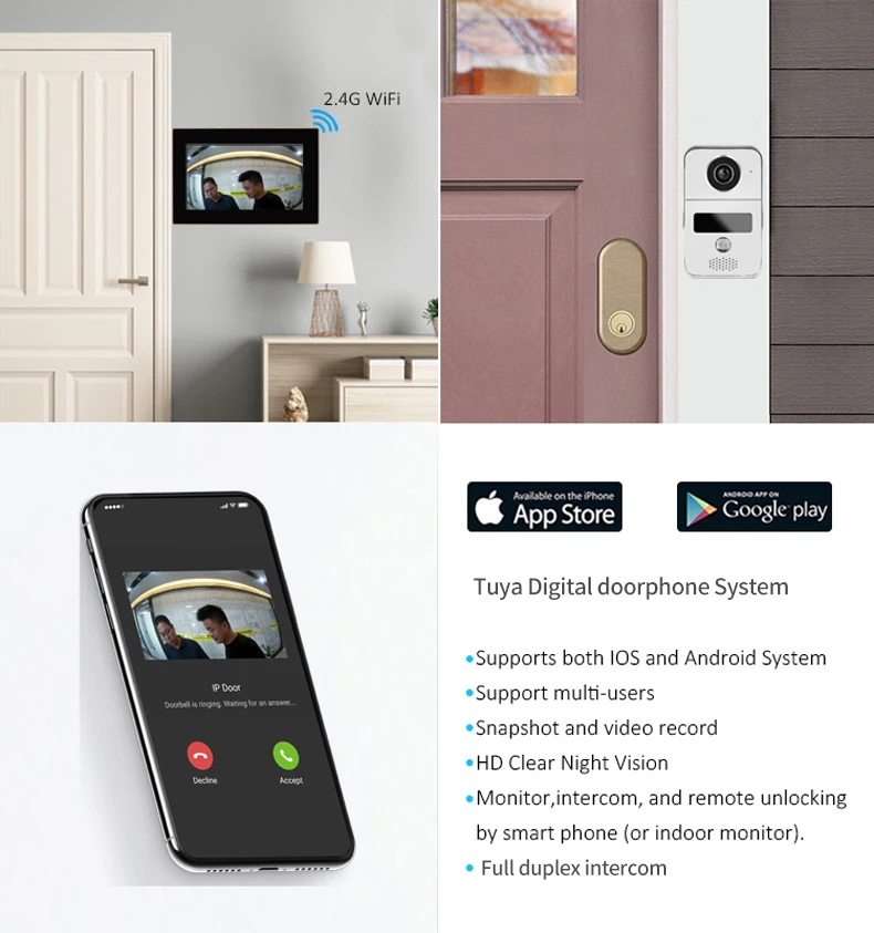 1080P TUYA App WiFi Video Door Phone Smart Home POE Intercom System Wireless IP Video Doorphone Monitor with IR Wired Doorbell