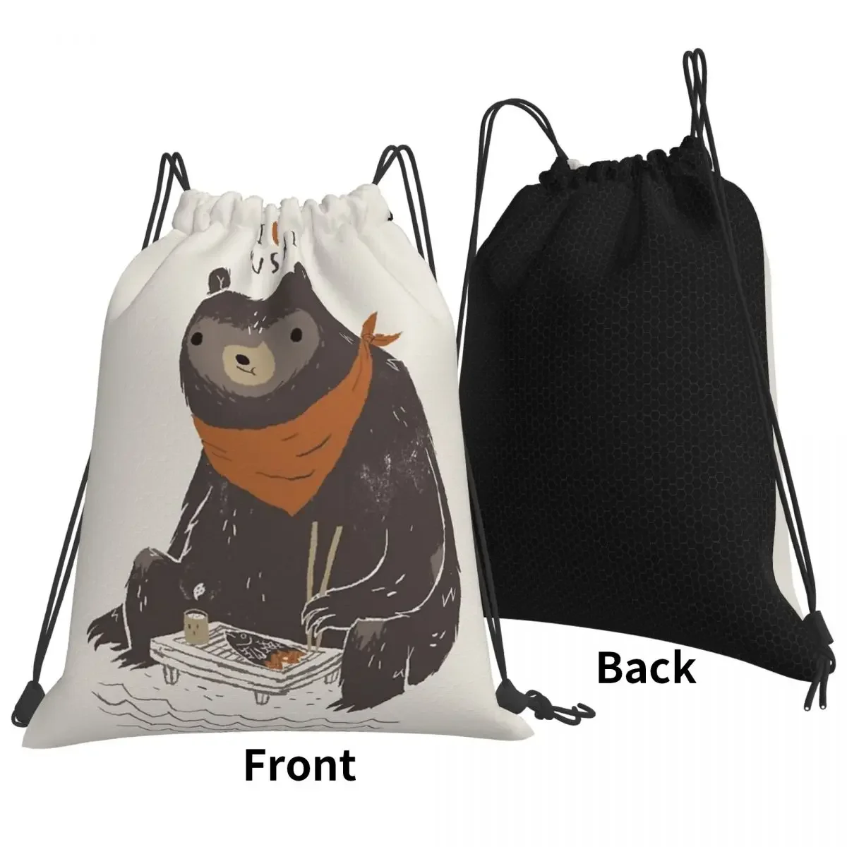 Sushi Bear Backpacks Casual Portable Drawstring Bags Drawstring Bundle Pocket Sports Bag BookBag For Travel Students