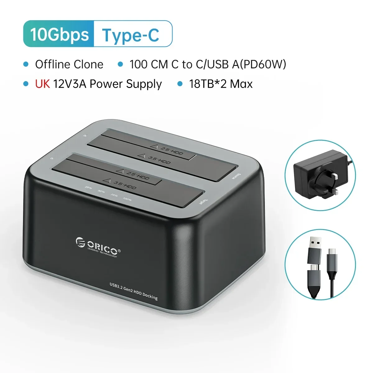 ORICO Dual Bay HDD Docking Station 10Gbps SATA naar USB 3.2 Adapter voor 2.5 3.5 SSD Schijfbehuizing HDD Box Dock Harde Schijf Behuizing
