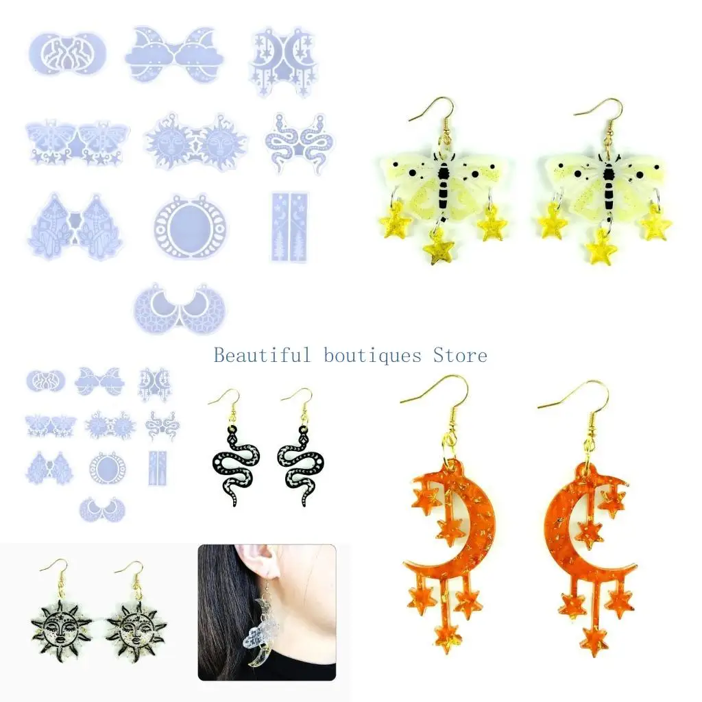 U4LF Silicone Earring Mold Star Moon Epoxy Resin Casting Molds for Crafting Charm Pendant Earring Jewelry Making Gifts