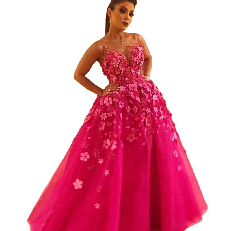 Abiti Quinceanera fucsia con applicazioni floreali 3D Illusion Sweetheart Sweep Train Fiori Tulle Prom Sweet 16 Dress Personalizzato