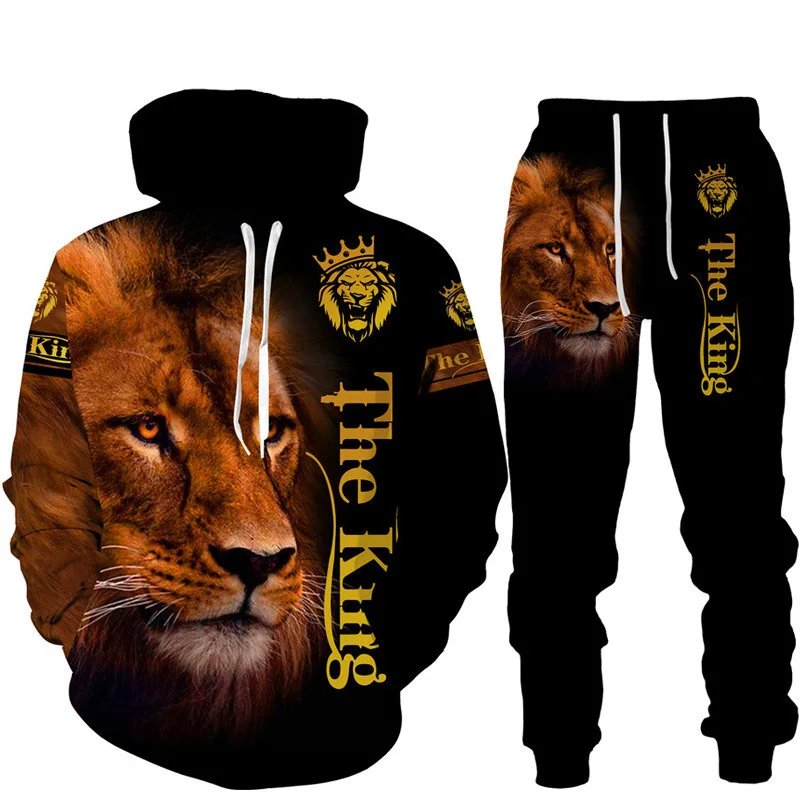 Trendy Cool Men's Lion Pattern Print Hoodie Set Autumn Winter Casual Suit Oversize Tracksuit Animal Hoodies Two-piece Streetwear
