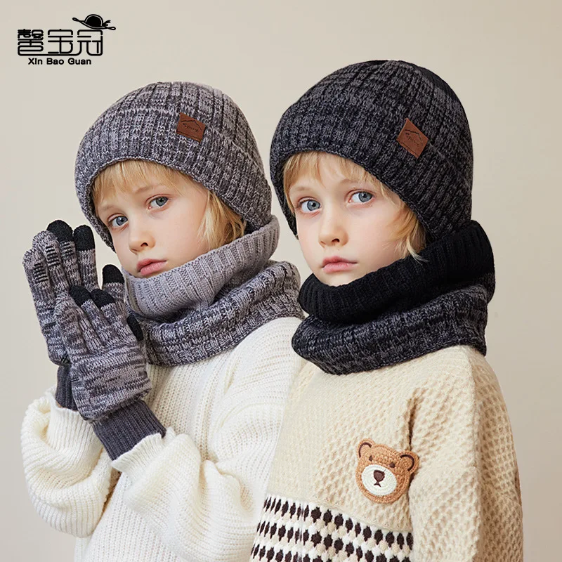 -Border Children's Hat Scarf Gloves Three-Piece Set Big Children Winter Warm Ear Fleece-Lined Knitting Woolen Ca