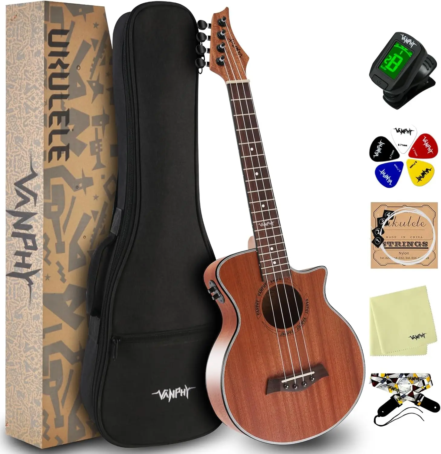 Acoustic Electric Concert Ukulele 23 Inch for Adults Beginners - Starter Kit with Equalizer, Includes Case, Tuner, Strap, Strings, Picks, Cleaning Cloth