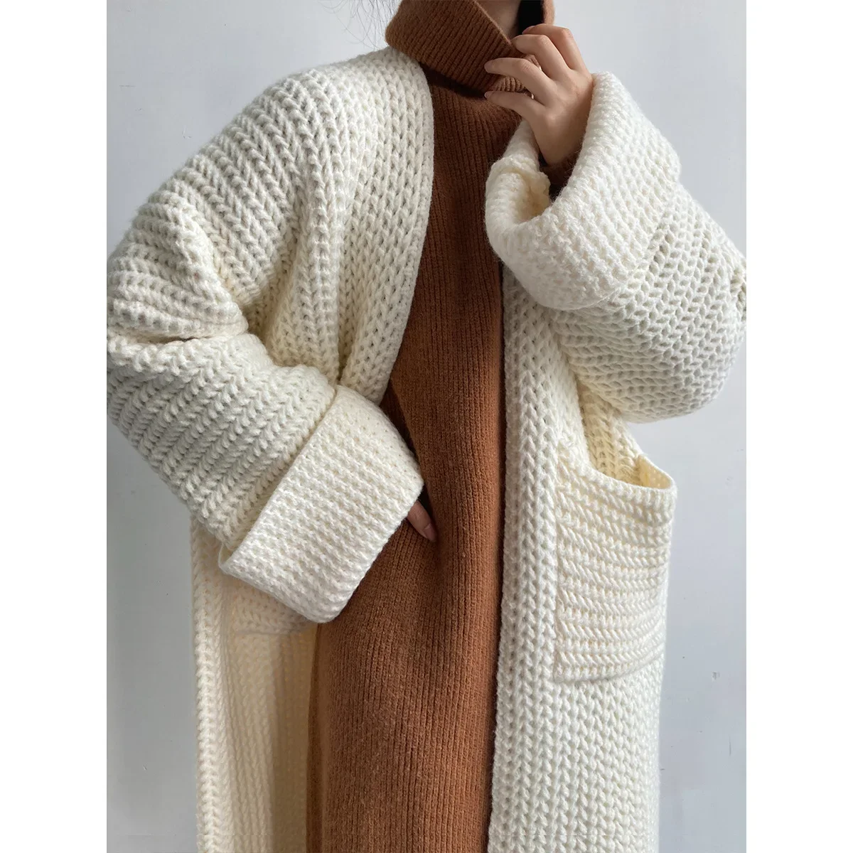 

Maxi Cardigan Knit Sweater Women Crochet Spring Autumn Winter Sweater Heart Off White Pocket Knitted Coat Long Jacket Jumpers