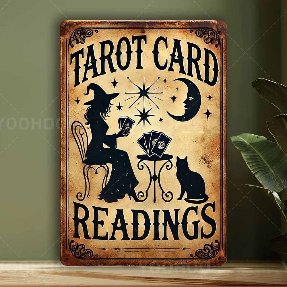 One Vintage Aluminum Sign Featuring Card Readings, Measuring 8X12 Inches, Depicting a Witch And a Cat with Stars. This Rustic Wa