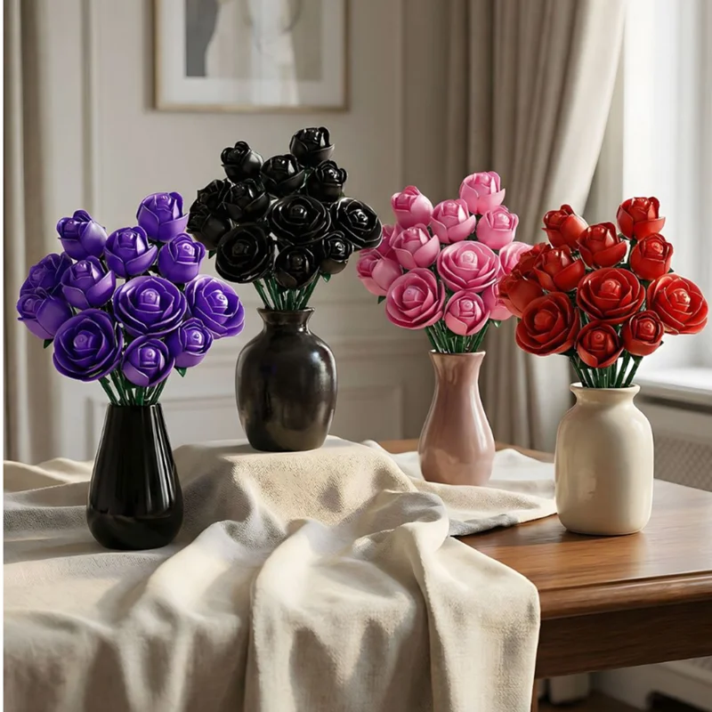 Nieuwe Rozen Bouwstenen Set DIY 12 Zwarte Rozen Valentijnsdag Cadeau Simulatie Rozenboeket Montage Huisdecoratie Speelgoed - afbeelding 2