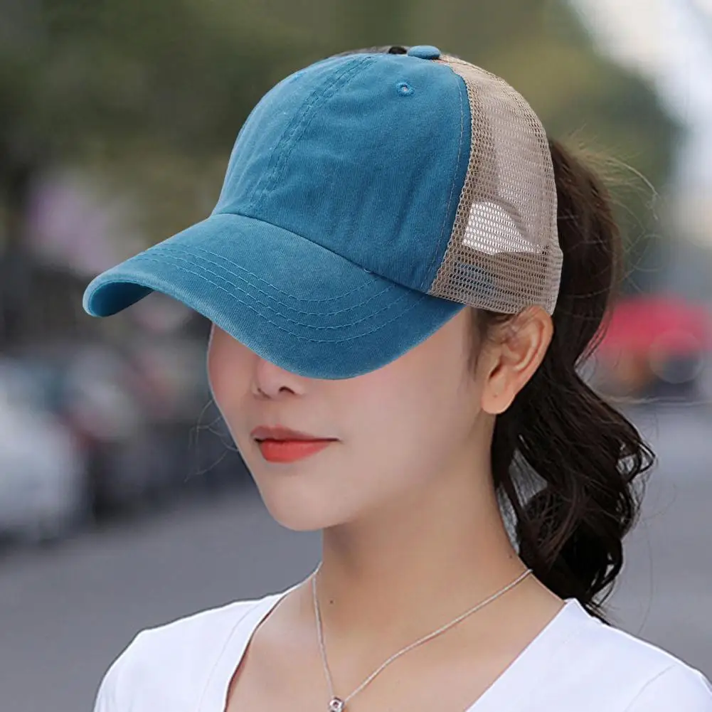 Unisex Baseball Hat Hollow Mesh Breathable Adjustable Peaked Hat Contrast Color Lightweight Sun Anti UV Lady Hat