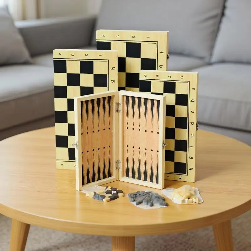 Hochwertiges Schachbrett aus Holz, tragbares 3-in-1-Reisespiel, Puzzlespielzeug für Kinder und Erwachsene